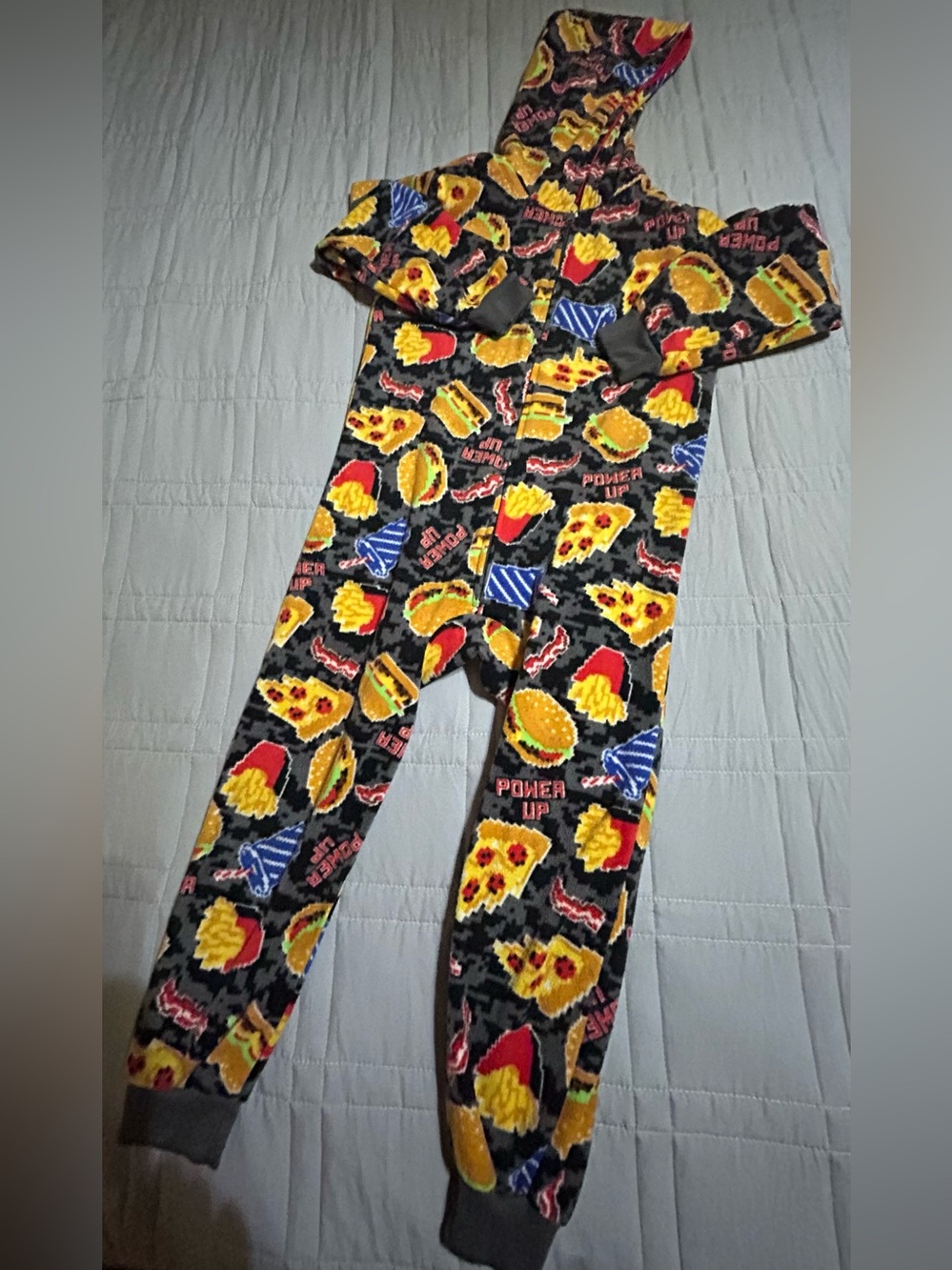 Place Black Hooded One-Piece Pajamas with Yellow Snack Prints